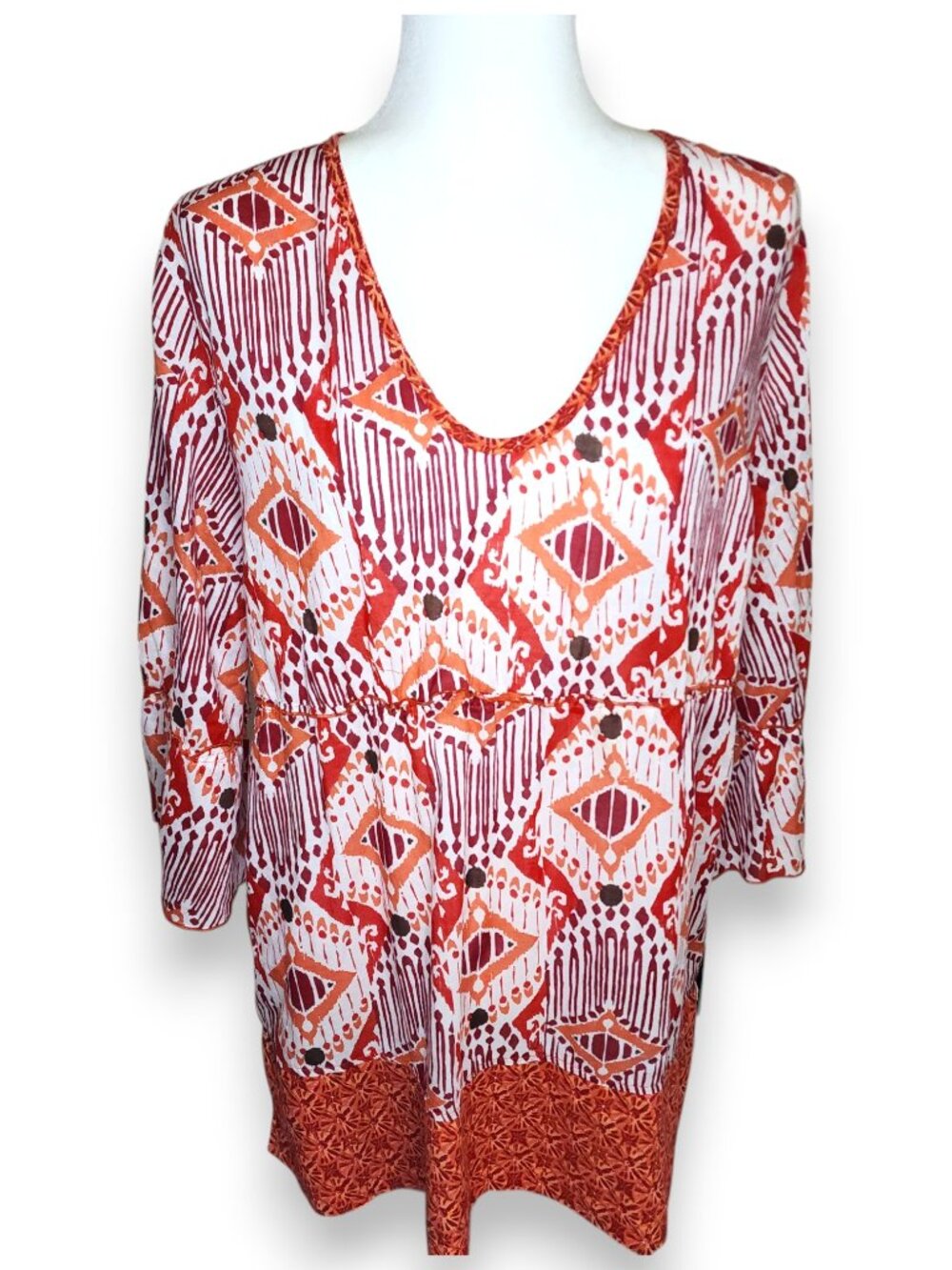 Boho V Neck 3/4 Sleeve Cinch Waist Linen Tunic Top Lightweight Airy Size XL